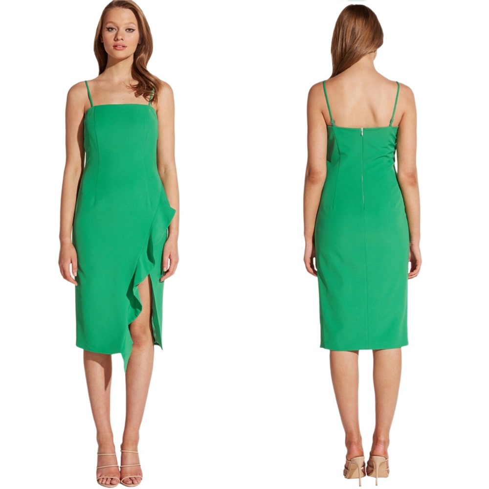 Bardot Carmelle Cocktail Dress Ruffle Slit Fitted Sheath Fern Green Size Small